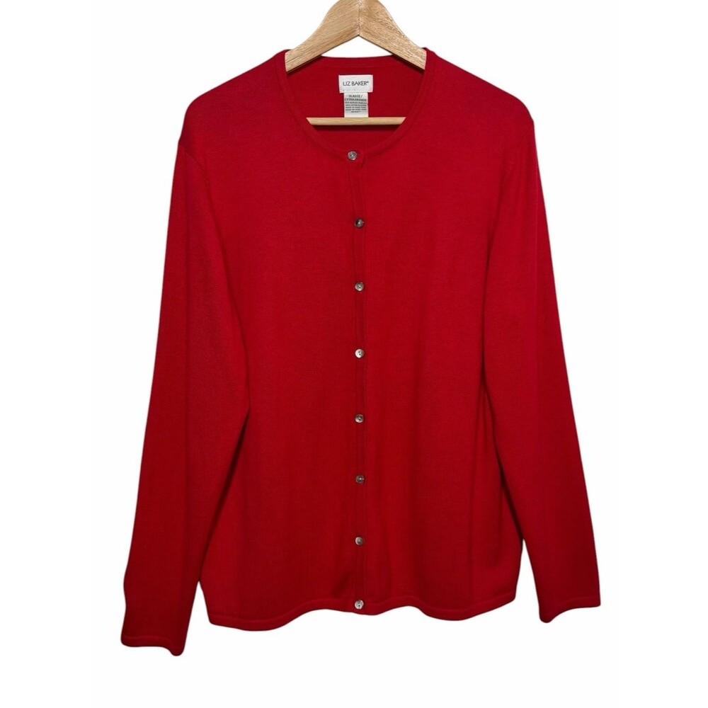Vtg Liz Baker Women Red Button Crew Neck Long Slv Knit Cardigan Sweater Size XL
